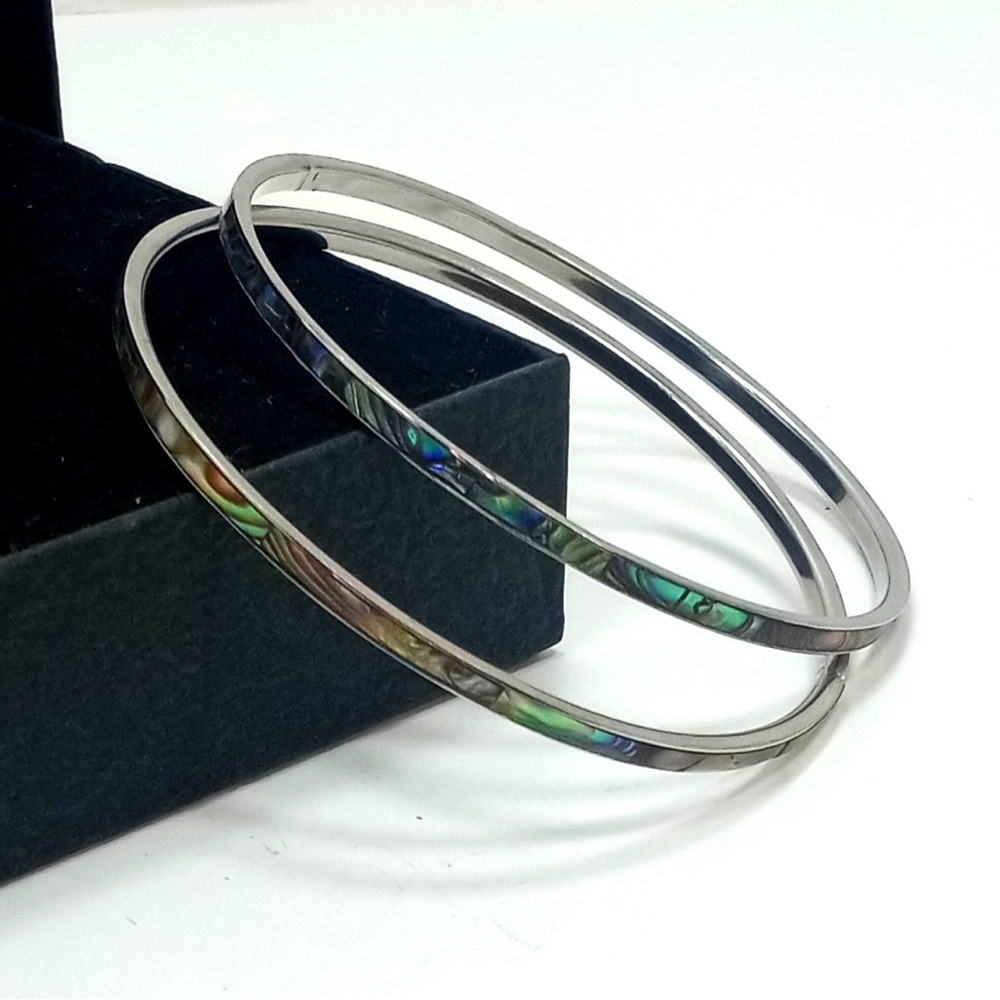 2 Dainty Silver Tone Abalone Bangle Set